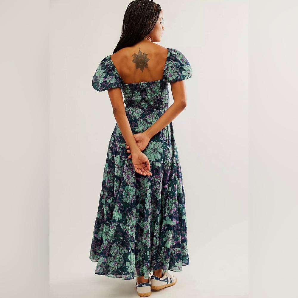 Free People Floral‎ Sundrenched Short Sleeve Maxi Dress Navy Blue Green Size M - Picture 3 of 15